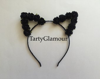 Black Rose Cat Ears Headband, Floral Cat Ears, Flower Cat Ears, Flower Headband, Flower Crown, Flower Halo, Coachella, Festival, Rave, EDC