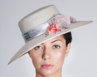 Summer Wide Brim Hat, Women Handmade Headwear, Ivory Sinamay Straw Hat, Decorated with Handcrafted Flowers