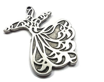 Large Whirling Dervish, Semazen Pendant, Silver Plated Sufi Pendant, Turkish Jewelry -RLS006