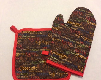 Coffee/cappuccino inspired insulated/quilted pot holder and oven mitt set