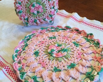 Vintage Set of 3 Crocheted Hot Pad, Trivet and Napkin Holder; Pink Rose Hot Pad