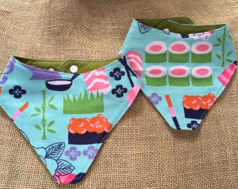 Sushi bib, sushi baby clothes, bibdana, bandanna bib, green drool bib, sushi baby shower, sishi nursery, foodie baby, unisex bib, baby bib