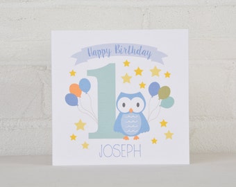 Little Owl Personalised 1st Birthday Card for a Boy, Personalised Birthday Card for a one year old, First Birthday Card, Custom Card
