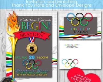Olympic Birthday Party, Personalized Printable Invitation, and Thank You Note, Envelopes, Banner and Welcome Sign