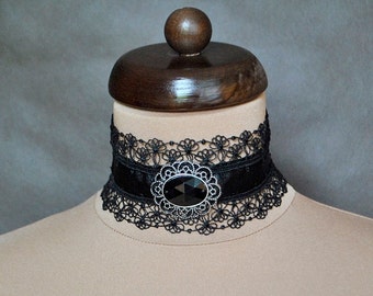 Elegant GOTHIC VAMPIRE Victorian Burlesque Glamour CHOKER black satin ribbon and delicate lace with beautiful adornment,