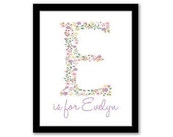 Floral Nursery Print, Baby Girl Gift, Baby Name Art, Monogram Nursery Art, Modern Nursery Art, Nursery Gallery Wall, Purple Nursery Decor