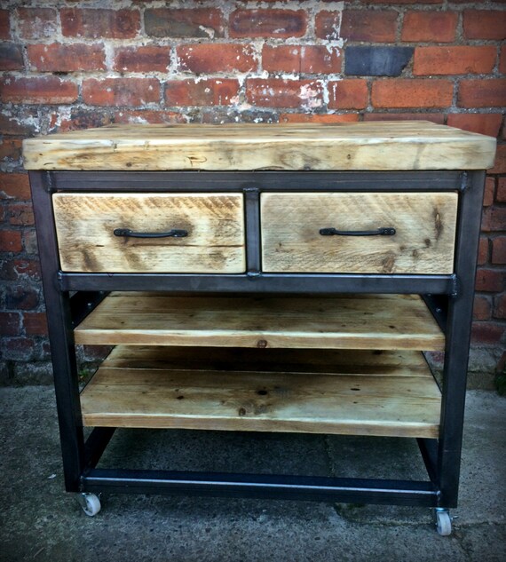 Reclaimed Industrial steel kitchen island unit with drawers