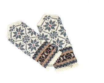 Gray White Hand Knitted Mittens Wool Mittens Hand Knitted Gray White Gloves Wool Gloves Winter Mittens Patterned Mittens Latvian Mittens