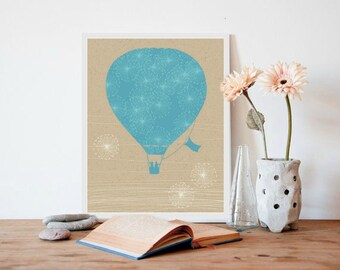 Hot Air Balloon - Kids Art, Kids Wall Art, Blue and White, Kid's Print, Nursery Art, Nursery Home Decor, Nursery Print, Hot Air Balloon