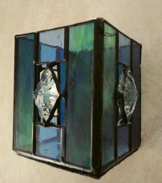 Blue Stained Glass Candle Holder Square Handmade by YardSaleDream