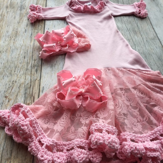 Pink Vintage style infant gown baby girl gown dedication