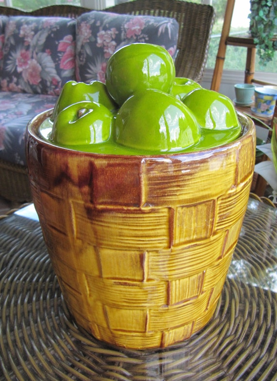 Vintage Cookie Jar Canister USA pottery Green Apple Basket