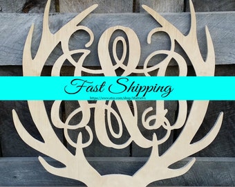 Deer Antler Monogram - Unpainted Wooden Monogram Antler - Antler Door Hanger - Antler Wall Hanging