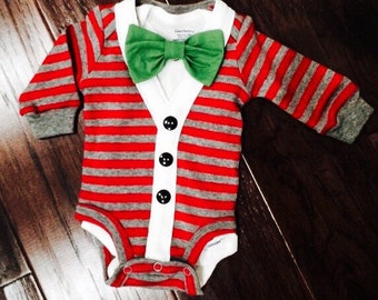 Preppy Baby Boy Christmas Cardigan, Onesie + Bow Tie Set
