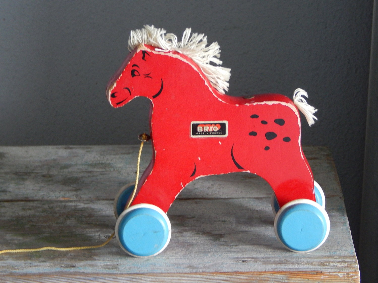 Vintage Wooden Pull Along Horse Toy by Brio Red Wood Horse