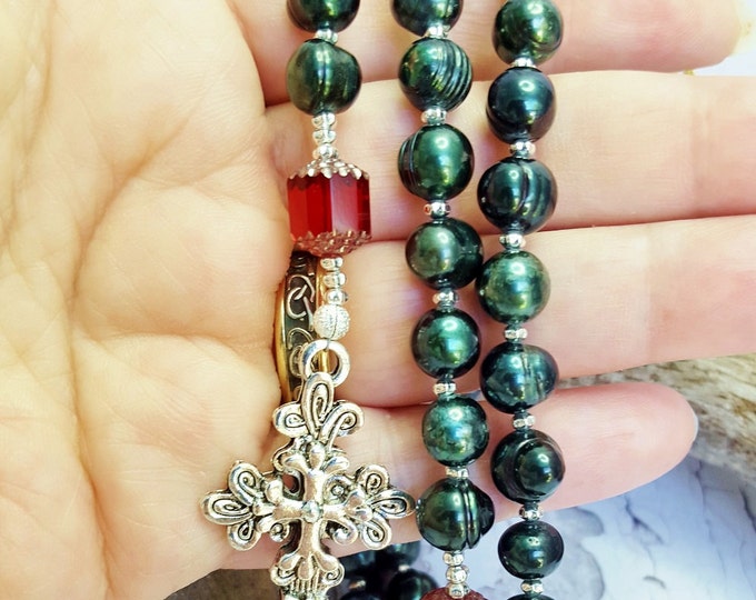 Genuine Pearl Rosary ~ Red & Green Rosary ~ Christmas Gift For Mom, 30th Anniversary Present, Devotional Gift For Godchild, Christmas Rosary