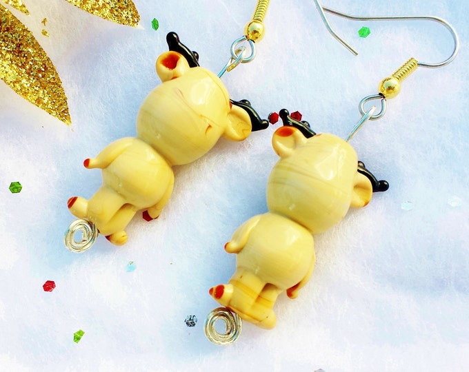 Christmas Earrings, Cute Rudolph Reindeer Lampworked Glass Dangles, Fun Holiday Earrings, Casual Winter Jewelry