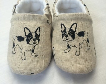 Soft sole french bulldog baby shoes, crib shoes, slip on shoe. New Baby gift. Baby boys cotton slip on shoe, cloth shoe.