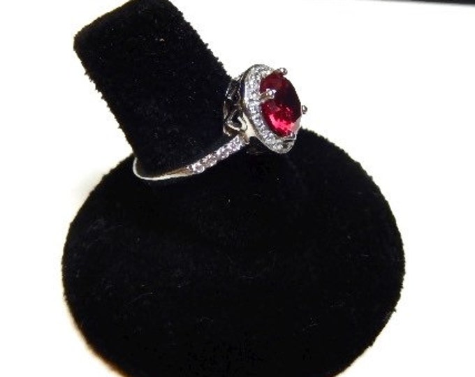 Storewide 25% Off SALE Vintage Sterling Silver Ruby Red Ladies Designer Cocktail Ring Featuring Elegant Clear Stone Accented Design