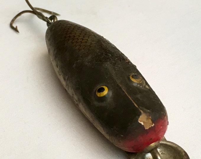 Storewide 25% Off SALE Antique Heddon Wooden Surface Minnow Fishing Lure Featuring Original Glass Eyes With Hand Painted Design