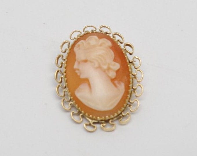 Storewide 25% Off SALE Vintage 10k Gold Filigree Hand Carved Cameo Brooch Pendant Featuring Elegant Victorian Style Design