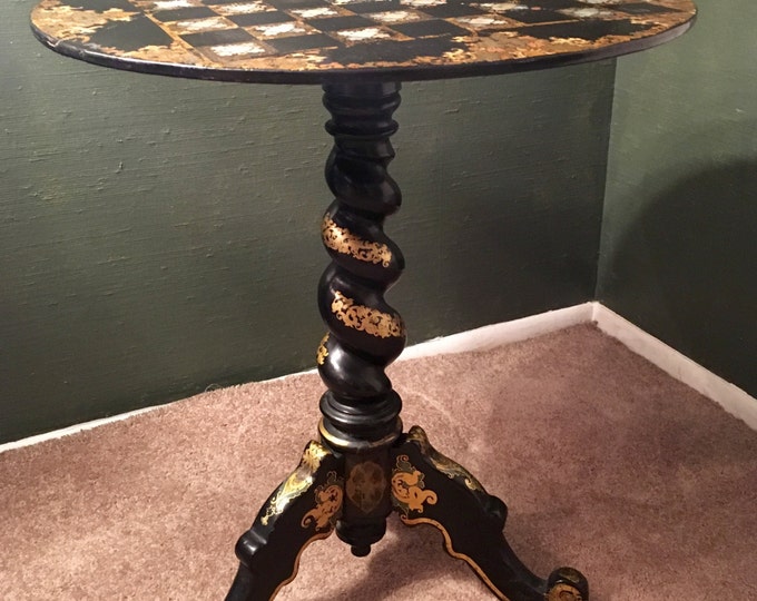 Storewide 25% Off SALE 19th Century Antique Mother of Pearl Inlaid Hand Painted Accent Table Featuring Tripple Wooden Leg Pedestal Style Des