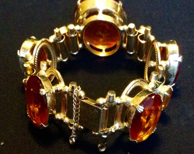 Storewide 25% Off SALE Vintage JUMBO Oversized Amber Rhinestone Designer Segmented Bracelet Featuring Sunset Oval And Square Focal Pieces In