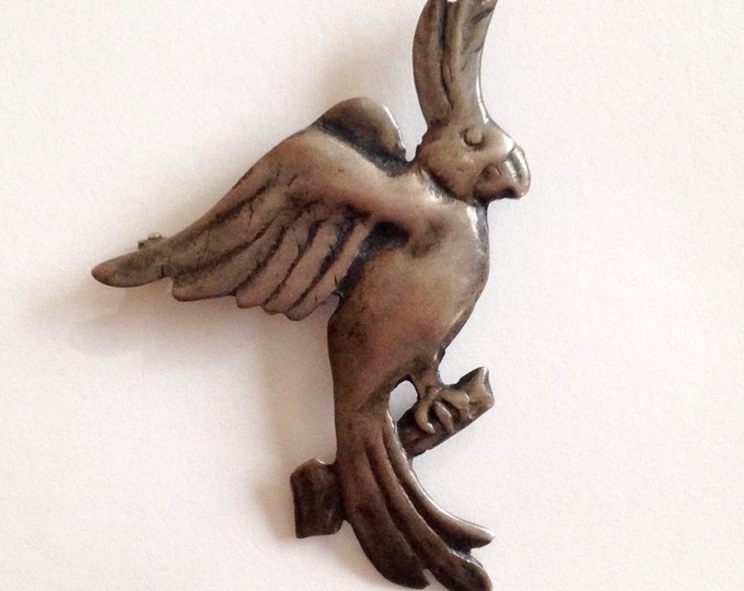 Storewide 25% Off SALE Vintage Sterling Silver Perched Cockatiel Designer Brooch Pin Featuring Raised Wingspan And Crown Feather Finish