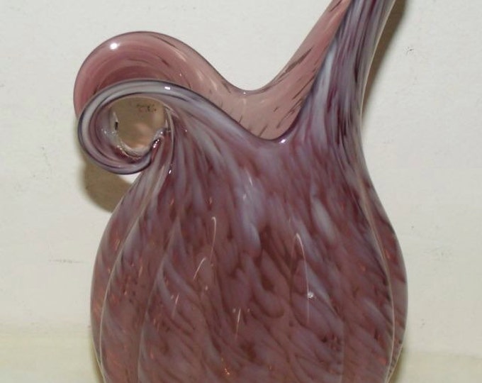 Storewide 25% Off SALE Vintage Lefton Swirled Opalescent Rose Ewer Art Glass Pitcher Featuring Pink Ribbed Design With Elegant Scrolled Hand