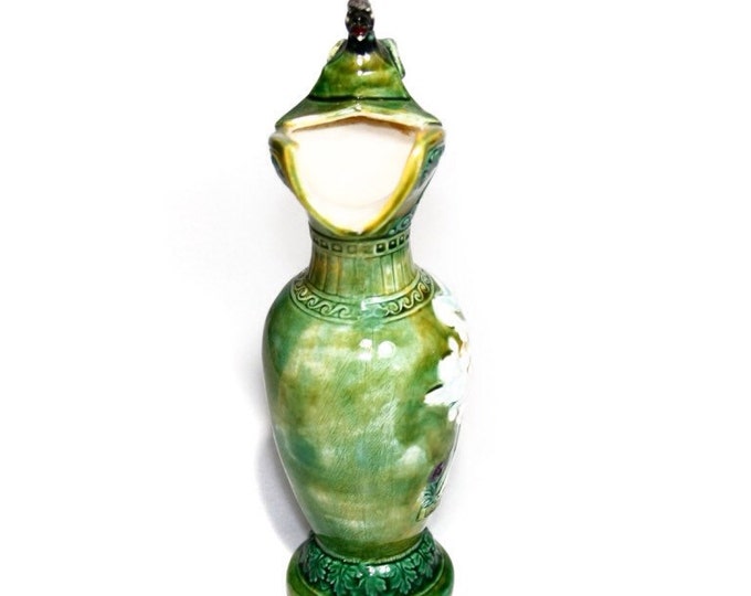 Storewide 25% Off SALE Vintage Emerald Green Decorative Ceramic Pitcher Copper Featuring Detailed Applied Bird Handle Design