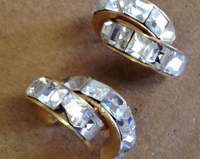 Storewide 25% Off SALE Vintage Gold Tone Princess Rhinestone Designer Pierced Earrings Featuring Elegant Channel Set Design