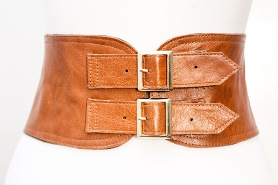 Tan Corset Leather Two Gold Buckle Belt Tan Belt Corset