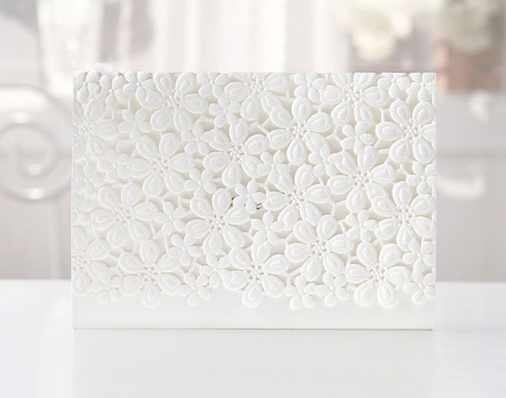 Custom Laser Cut Laced Floral White Wedding Invitations - BH4119 - Free Envelopes & Silver Seals - Free Shipping Promotion