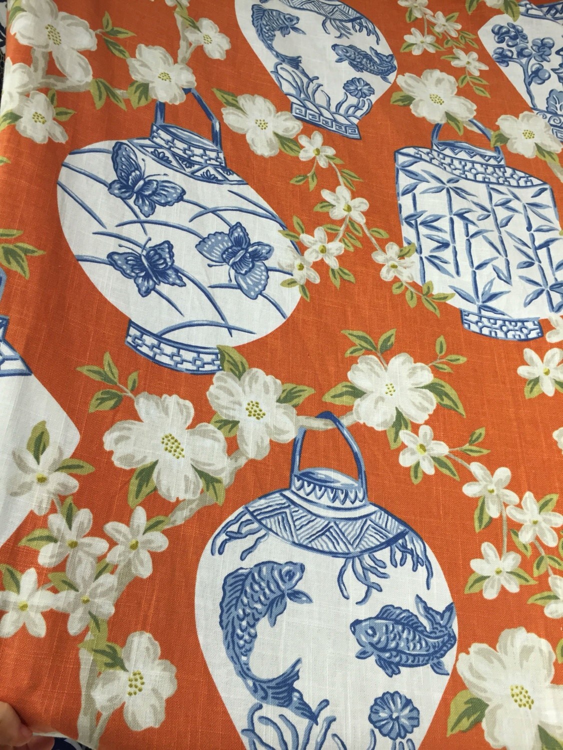 Blue Orange Chinoiserie Asian Lanterns Upholstery