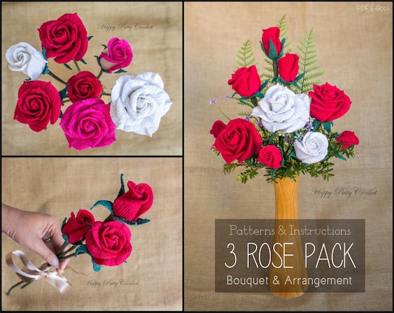 Crochet Flower Pattern Bundle - Crochet Rose Patterns for Bouquet, Decoration, Hair and Brooches  - Valentine's Gift Idea
