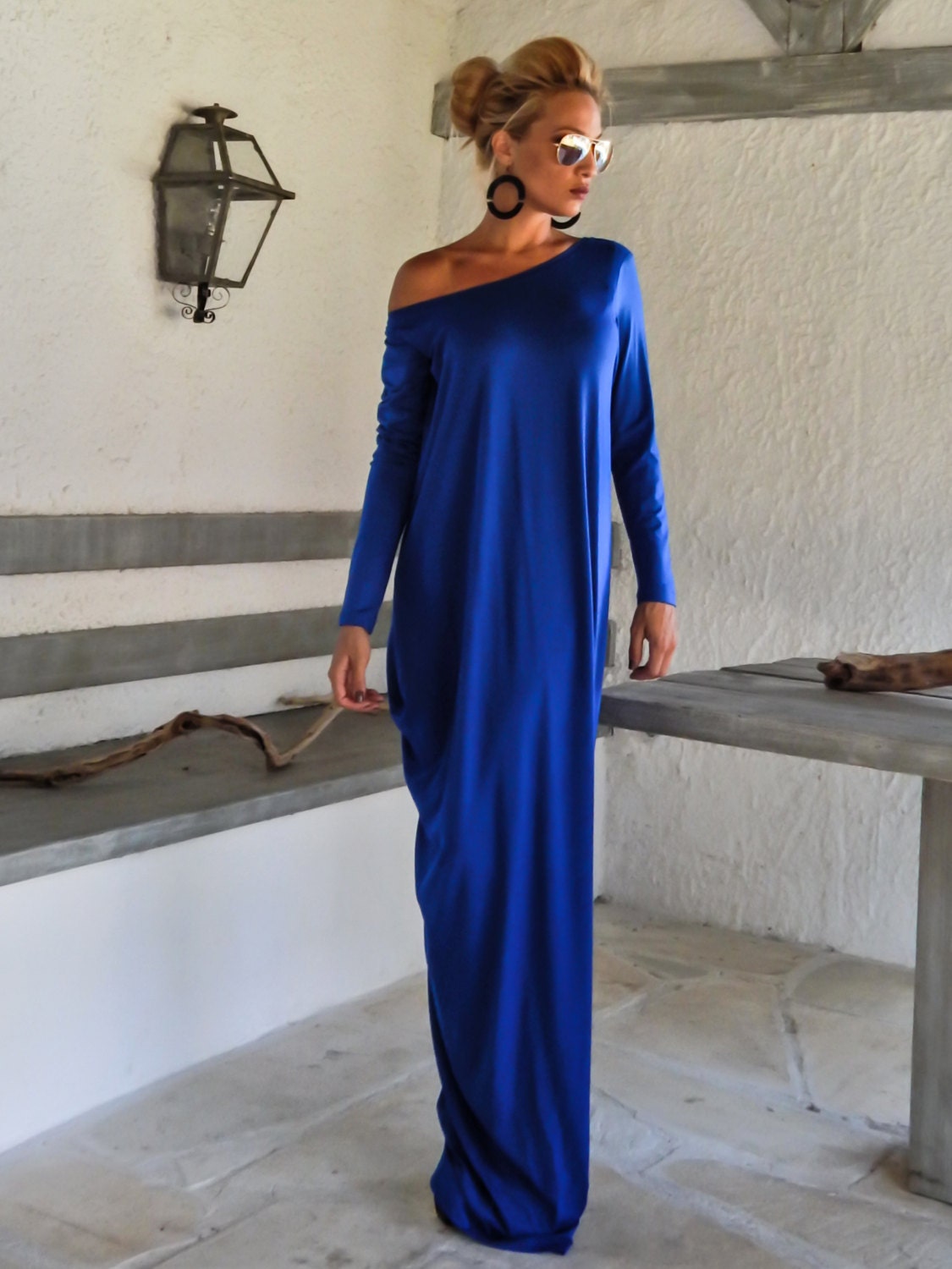 Royal Blue Maxi Dress Kaftan with Black See-Through Detail