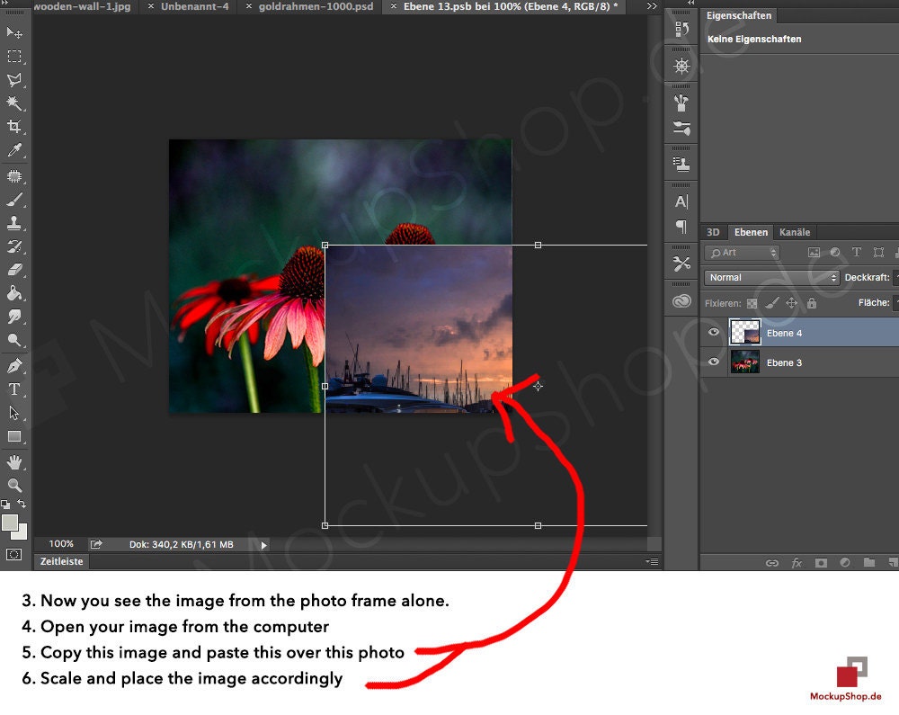 1. Open the PSD file with Adobe Photoshop 2. Double-Click on the Square before “Your Artwort here”