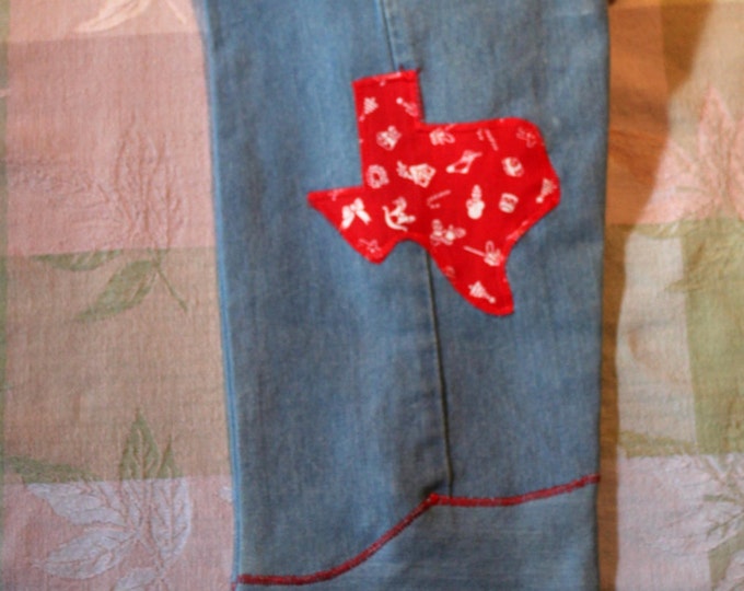 HALF PRICE ** Shabby Country Chic Christmas Stockings made from Upcycled blue jeans and Red Vintage Holiday Print