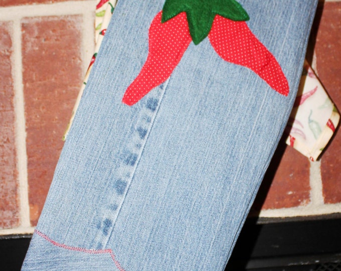 HALF PRICE ** Spicy Upcycled Denim Cowboy Boot Chile Pepper Christmas Stockings Matching Pair of Southwestern Blue Jean Stockings