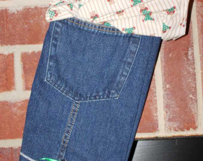 HALF PRICE ** Teddy Bear Christmas Stockings. Texas Boot Stockings from Upcycled Blue Jeans and Holiday Teddy Bear Print