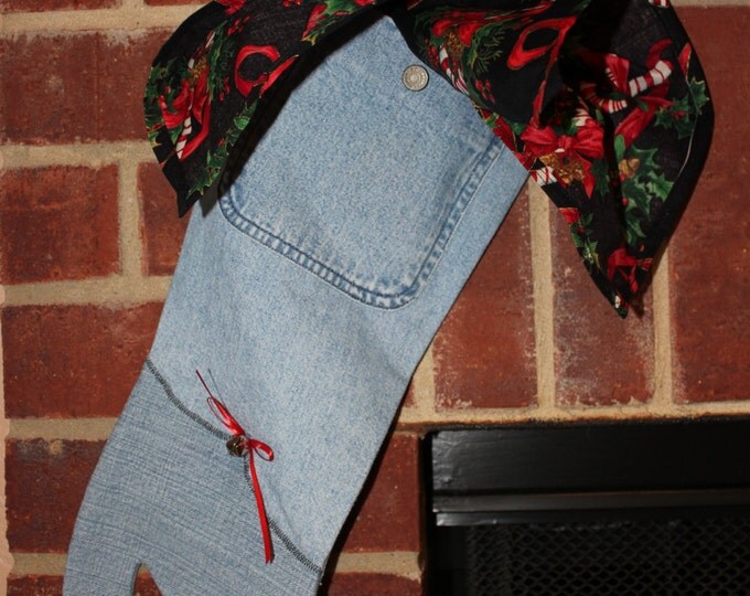 HALF PRICE ** Pair of Shabby Country Chic Upcycled Denim Christmas Stockings. Pocket with Black Candy Cane Print Handkerchief