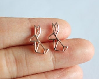 Rabbit origami stud earrings, rabbit earrings, origami stud earrings, rabbit frame earrings, rose gold rabbit earrings, gift for her