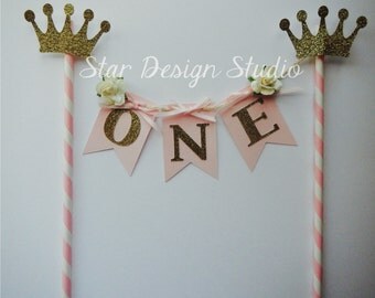 Pink and Gold Princess Cake Topper Birthday Bunting- Cake Topper Paper straw Pink, Gold, Princess