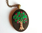 Tree necklace Unique necklaces for Women Fabric embroidered necklace Green Pink Flower long pendant necklace Christmas gift idea