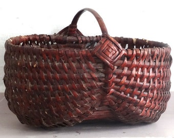 Solid Red Market Basket // French Handmade Antique Basket Woven Basket // Antique Gathering Basket
