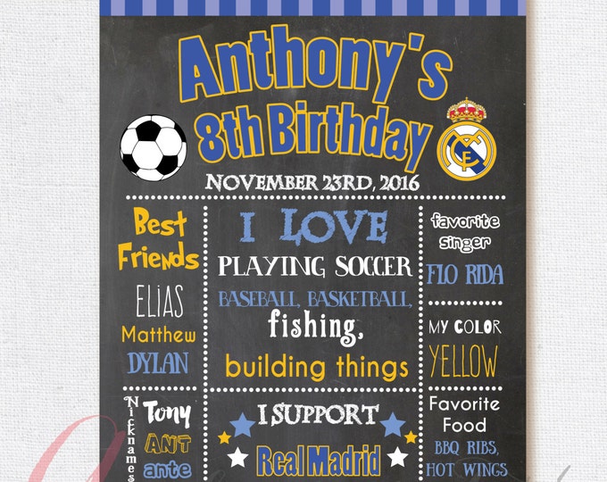 Real Madrid Chalkboard Poster . Soccer chalkboard poster. Real Madrid birthday poster. Real Madrid party. Printable Birthday Poster