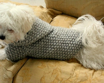 READY TO SHIP Dog Hoodie Sweater Grey Pet Clothing Hand Knit Dog Clothes Button Dog Sweater by BubaDog