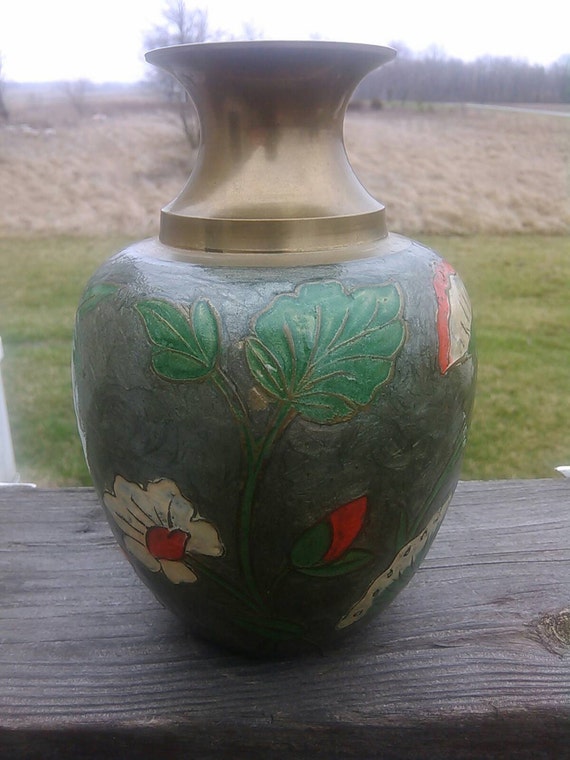 vintage brass vase hand painted made in india 1960's