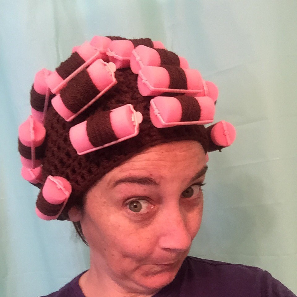Fun hat / Pink hair roller hat Crochet Roller Hat Crochet