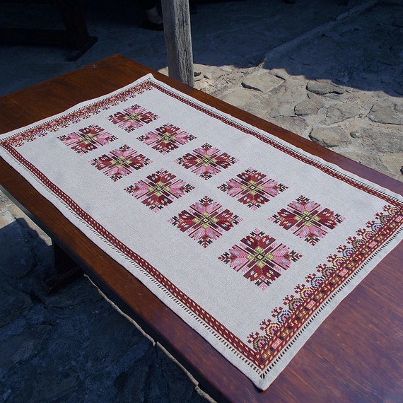 Items similar to Hand embroidered table runner, cross-stitch table
